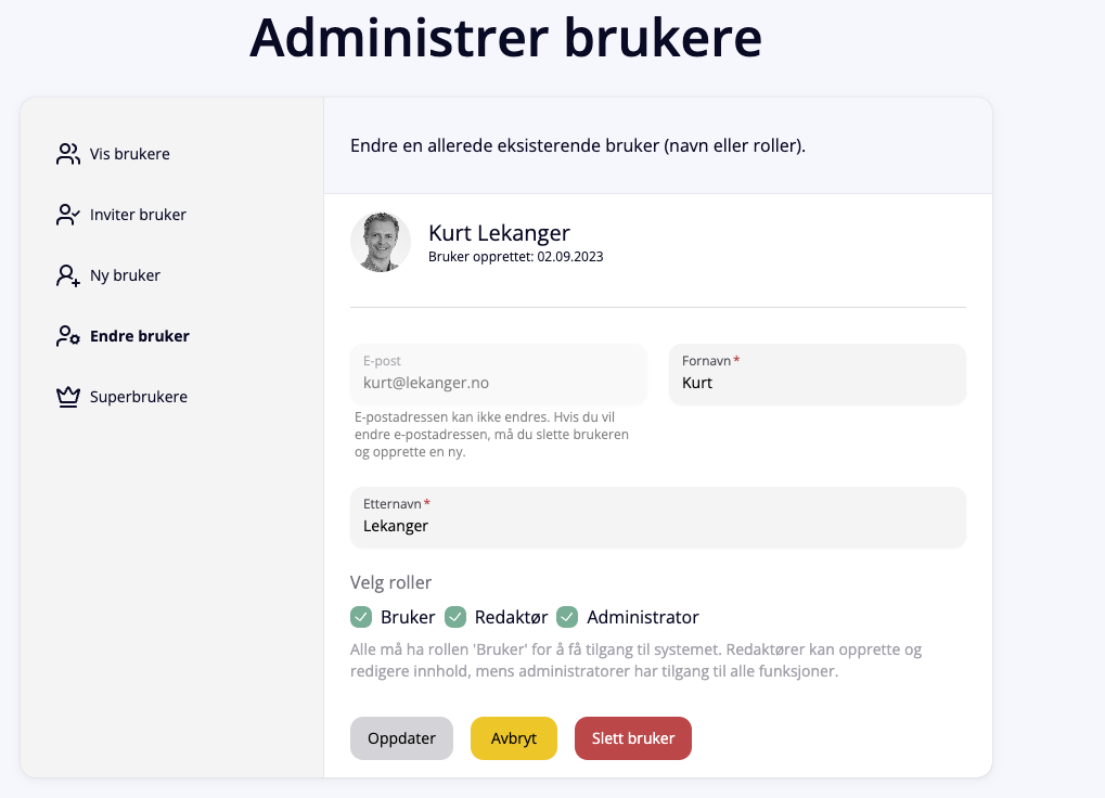 Brukeradmin-siden med liste over alle brukere og knapper for å opprette brukere.